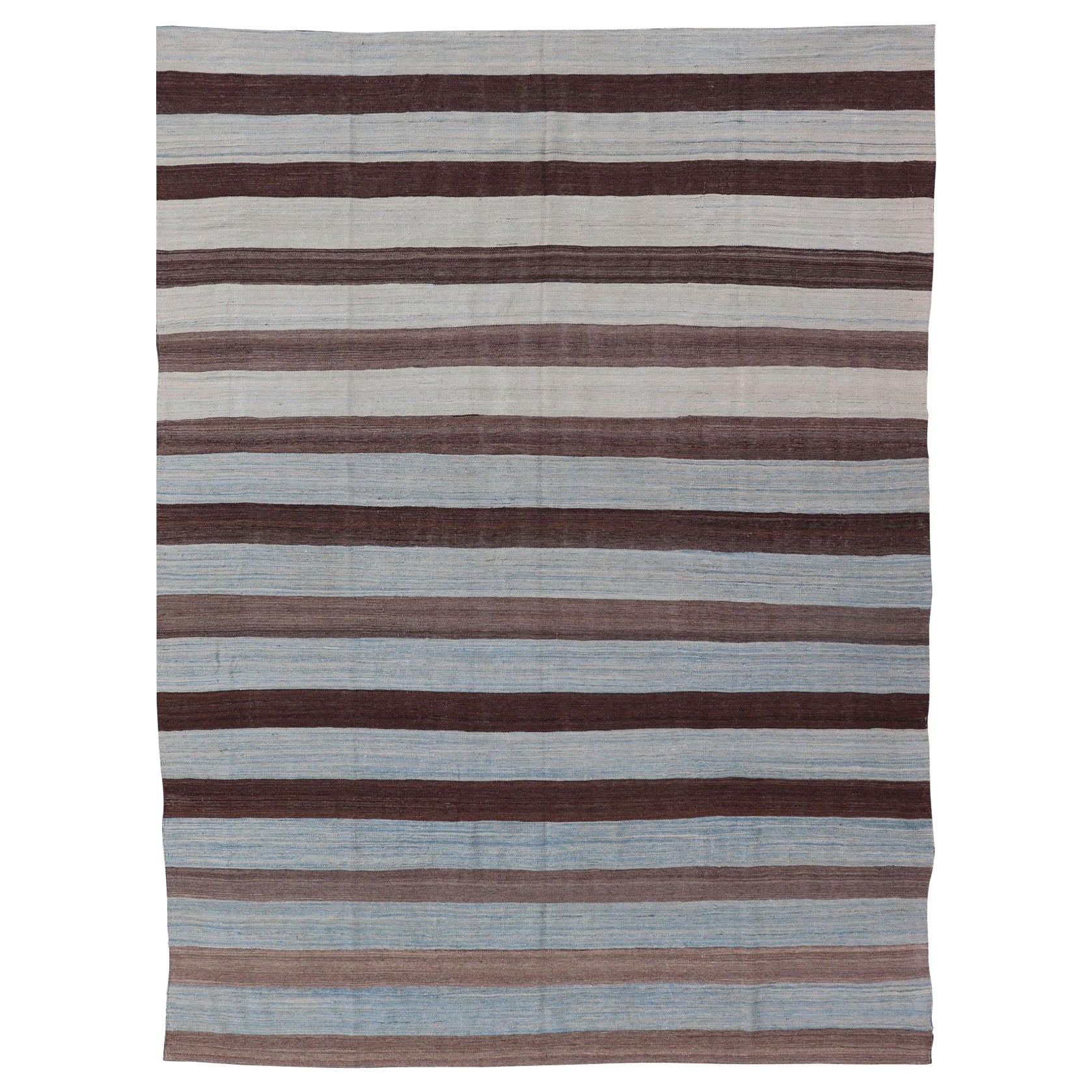 Modern Kilim Hand Woven Casual Rug with Stripes in Shades of Blue and Brown