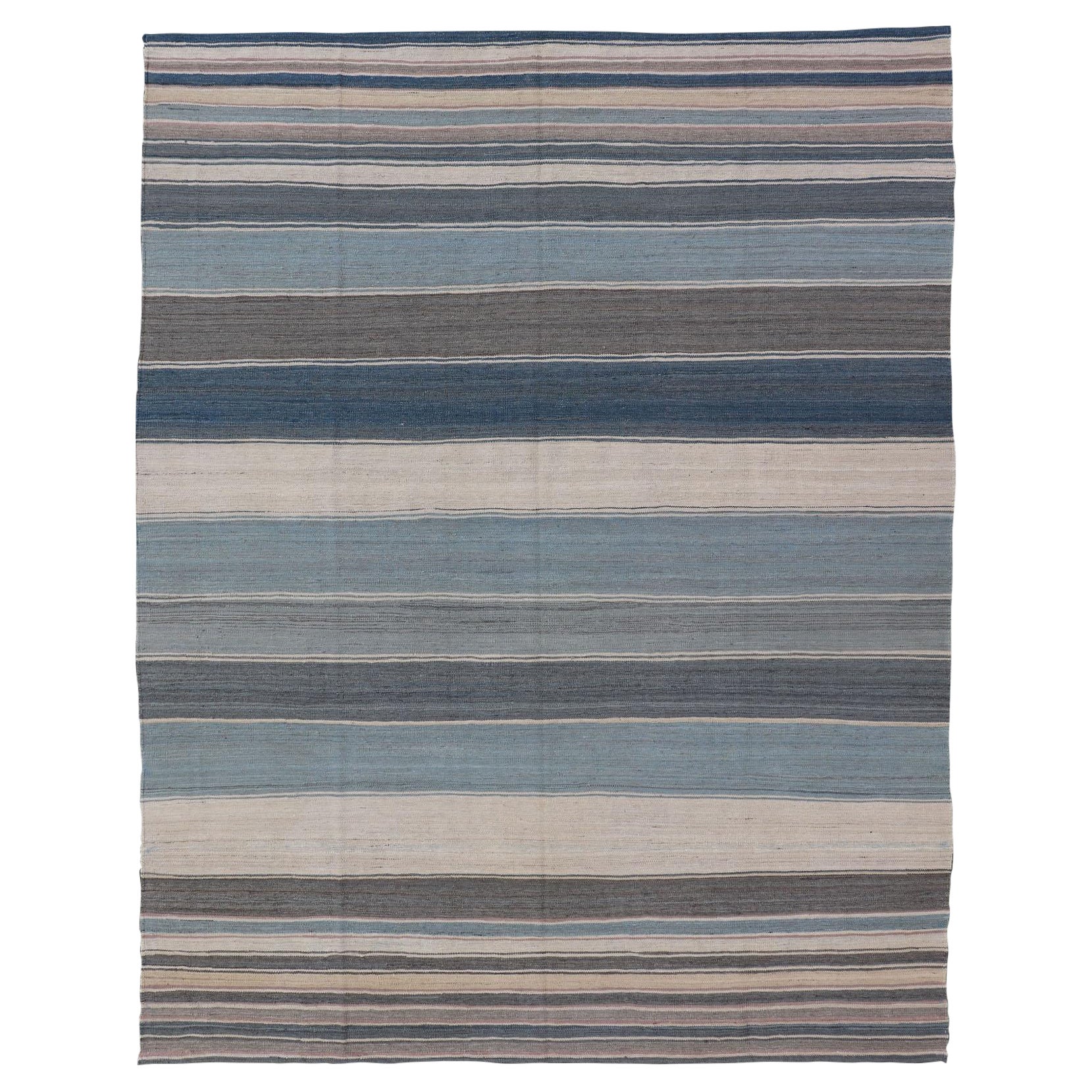 Modern Kilim Rug in Shades of steel Blue, Teal, Brown, Light Gray and Cream For Sale