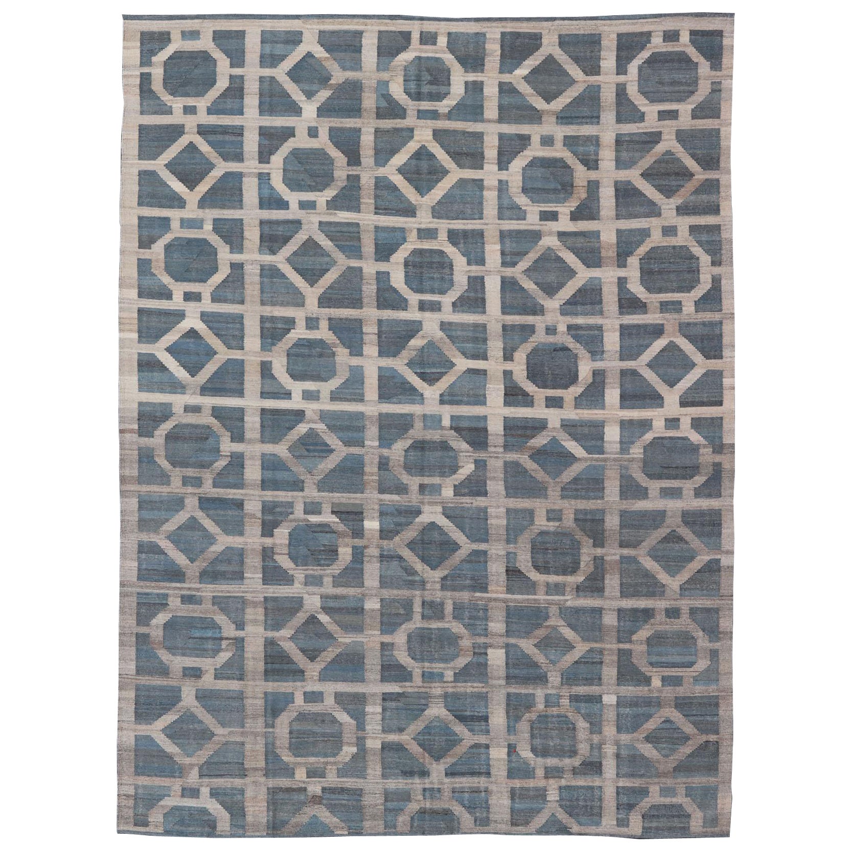 Large Flat Weave Modern Geometric Patterned Kilim in Blues and Creams