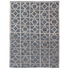 Large Flat Weave Modern Geometric Patterned Kilim in Blues and Creams