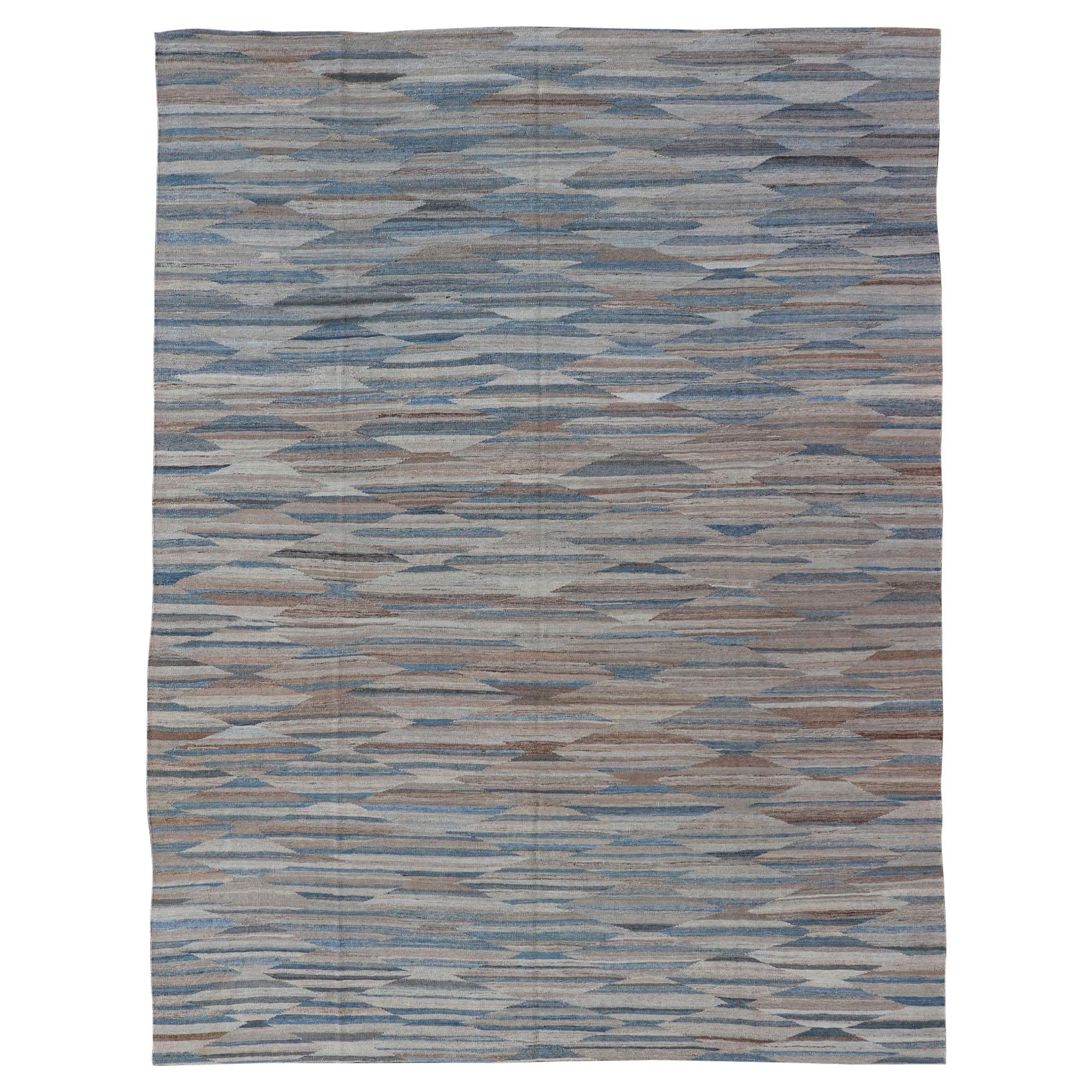 Afghan Modern Kilim All-Over Design in Blues, Browns, and Tan For Sale