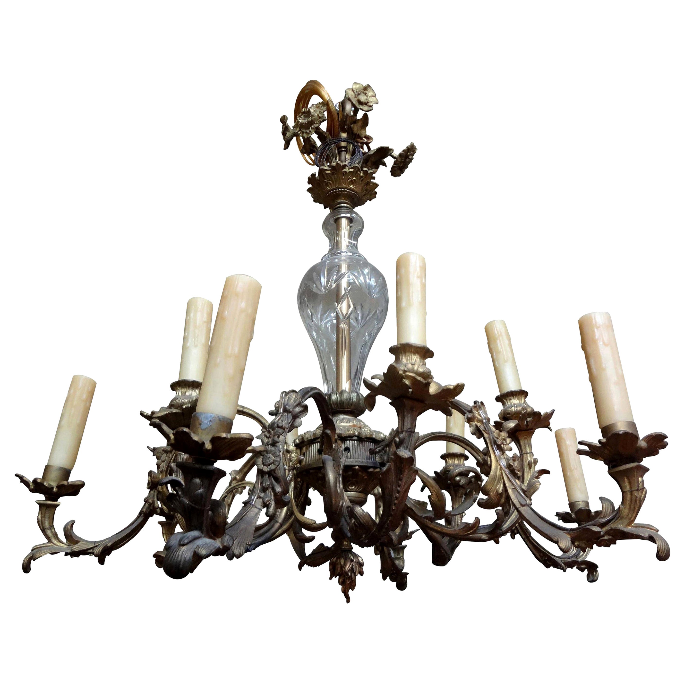 Antique French Louis XV Style Bronze and Crystal Chandelier