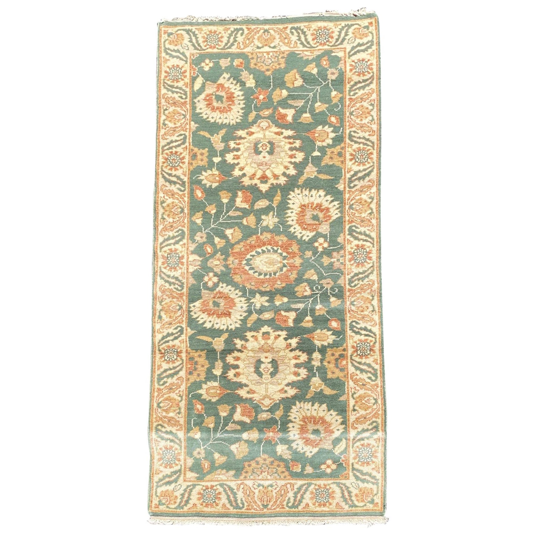 Late 20th Century Green Gold Ivory Beige Floral Persian Style Small Area Rug