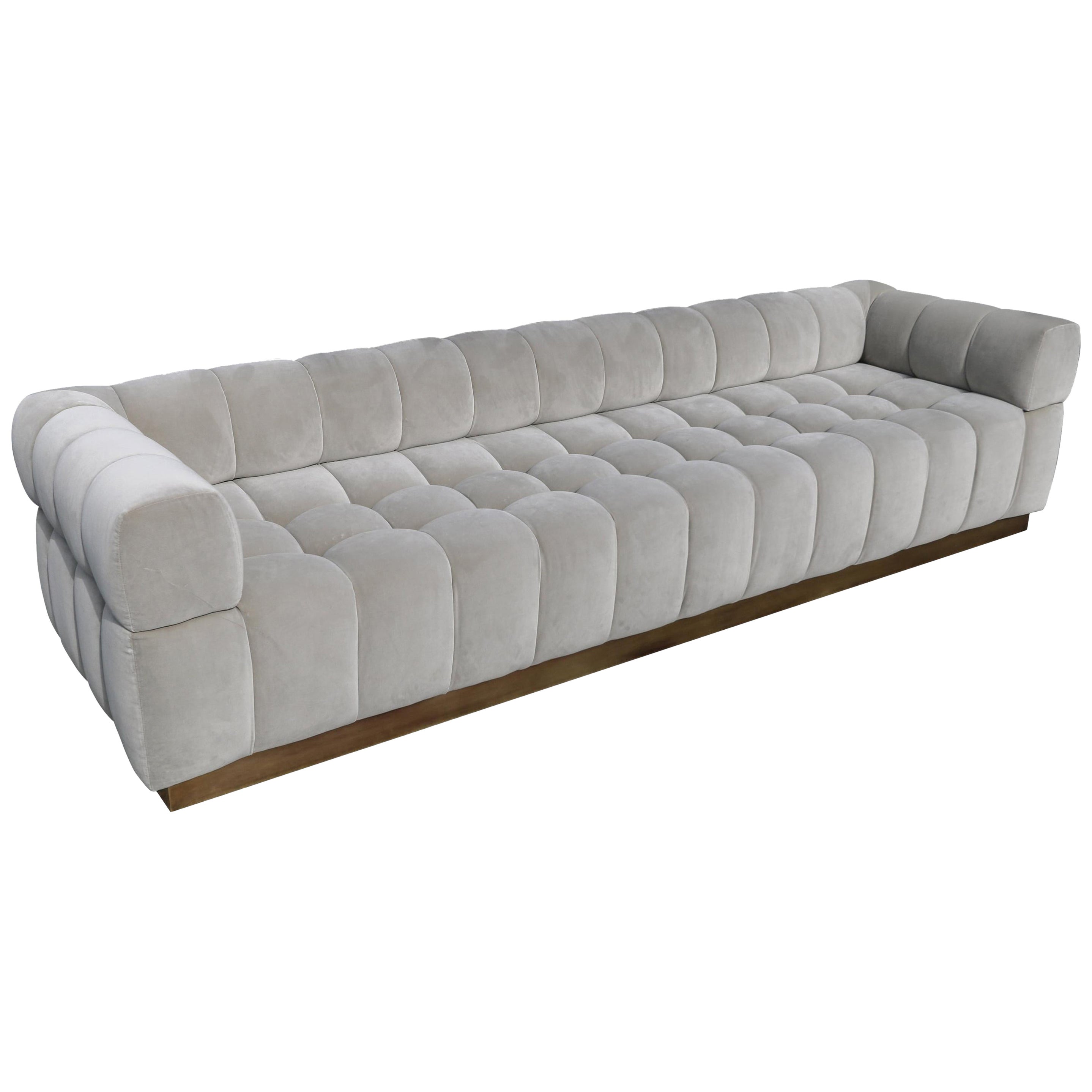 Custom Tufted Grey Velvet Sofa with Brass Base by Adesso Imports For Sale
