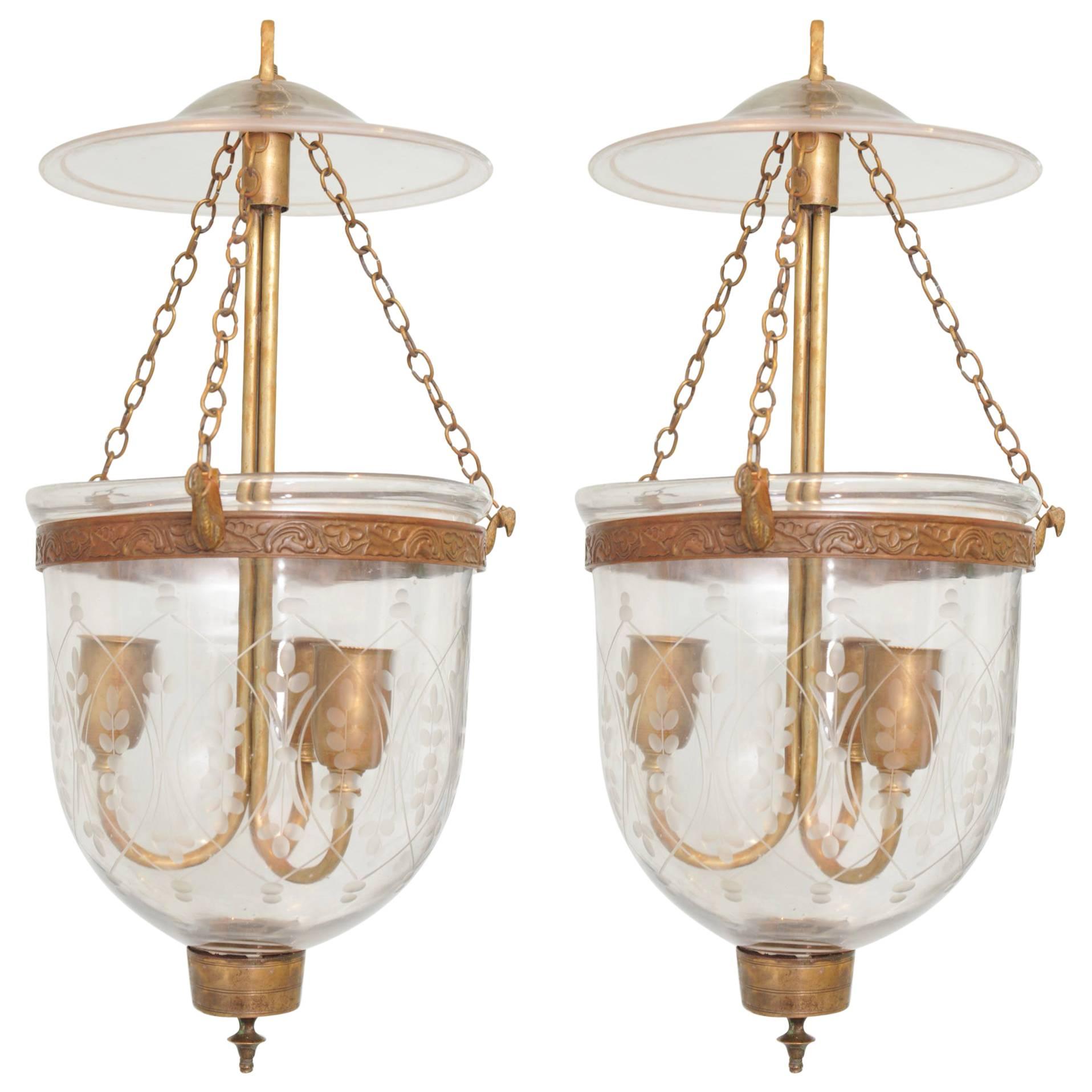 Pair of Late 19th Century English Bell Jar Hall Lanterns with Smoke Cap