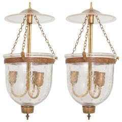Antique Pair of Late 19th Century English Bell Jar Hall Lanterns with Smoke Cap
