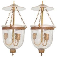 Pair of Late 19th Century English Bell Jar Hall Lanterns with Smoke Cap