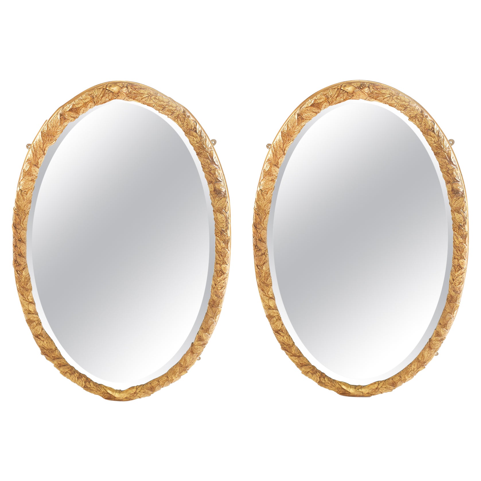 Pair Gilt Wood Framed Beveled Wall Mirror For Sale