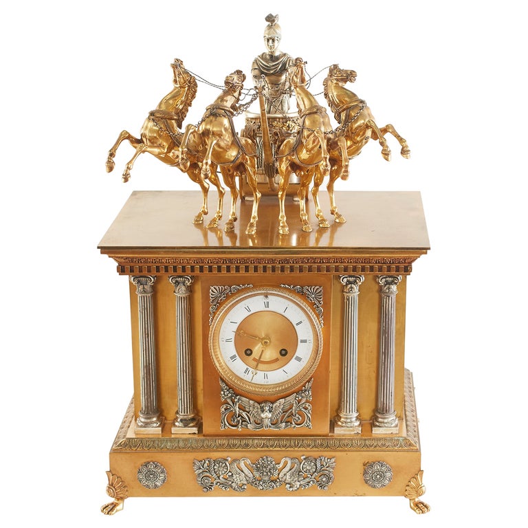 Large 19th Century French Bronze Figural Chariot Clock For Sale