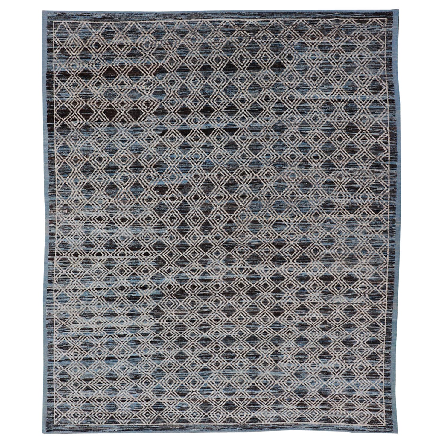 Afghanischer moderner Teppich in Blau, Anthrazit, Grau und Braun mit geometrischem Muster
