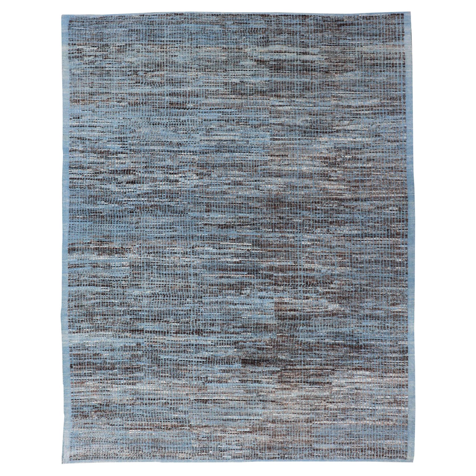 Modern Casual Afghanistan with Hi-Low Textured Rug in Blue & Charcoal Colors For Sale
