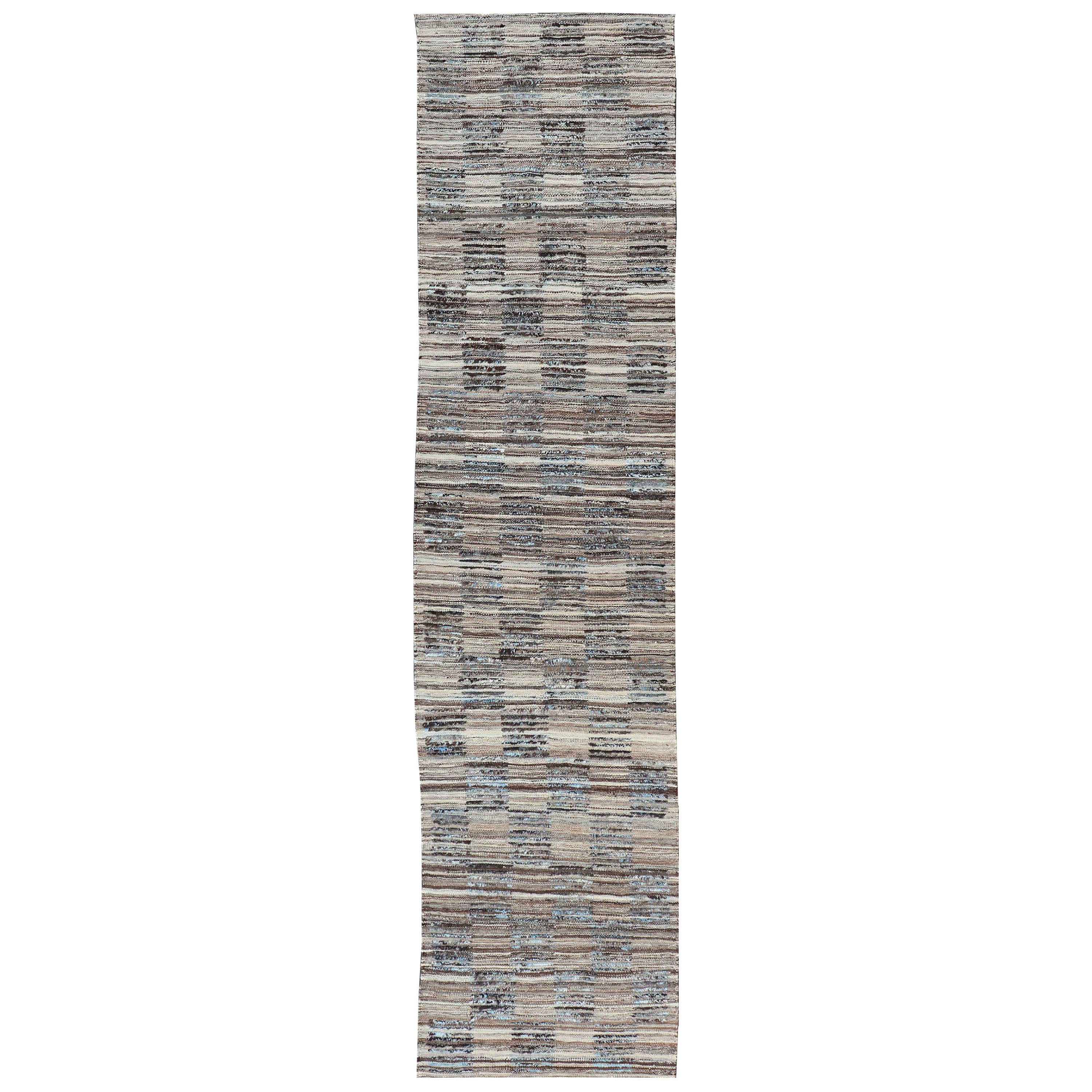 Modern Hi Low with Kilim-Piled Runner with Checkerboard Design in Blue/Gray For Sale
