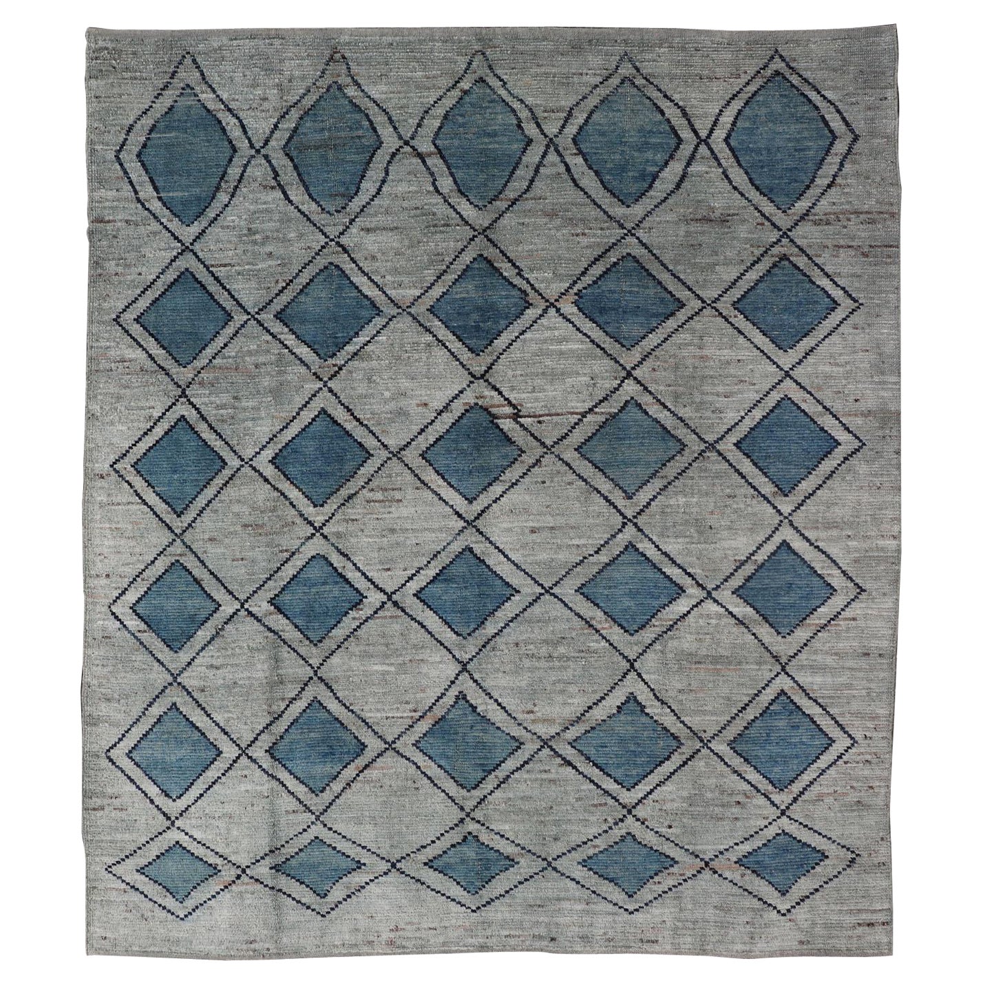 Modern Casual Design Tribal Rug with Diamond Pattern in Green, Blue, and Brown