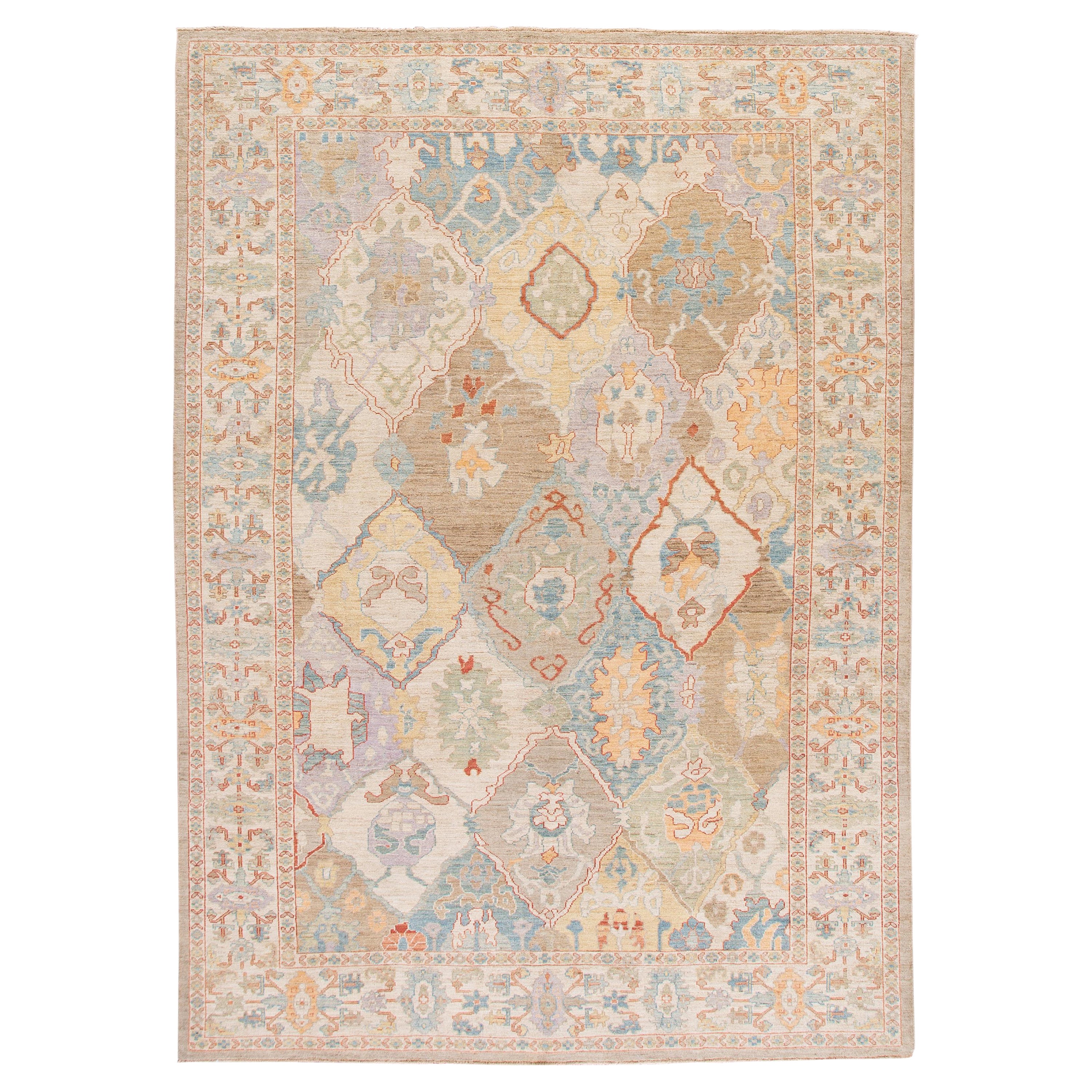 Modern Sultanabad Multicolor Handmade Medallion Floral Wool Rug For Sale