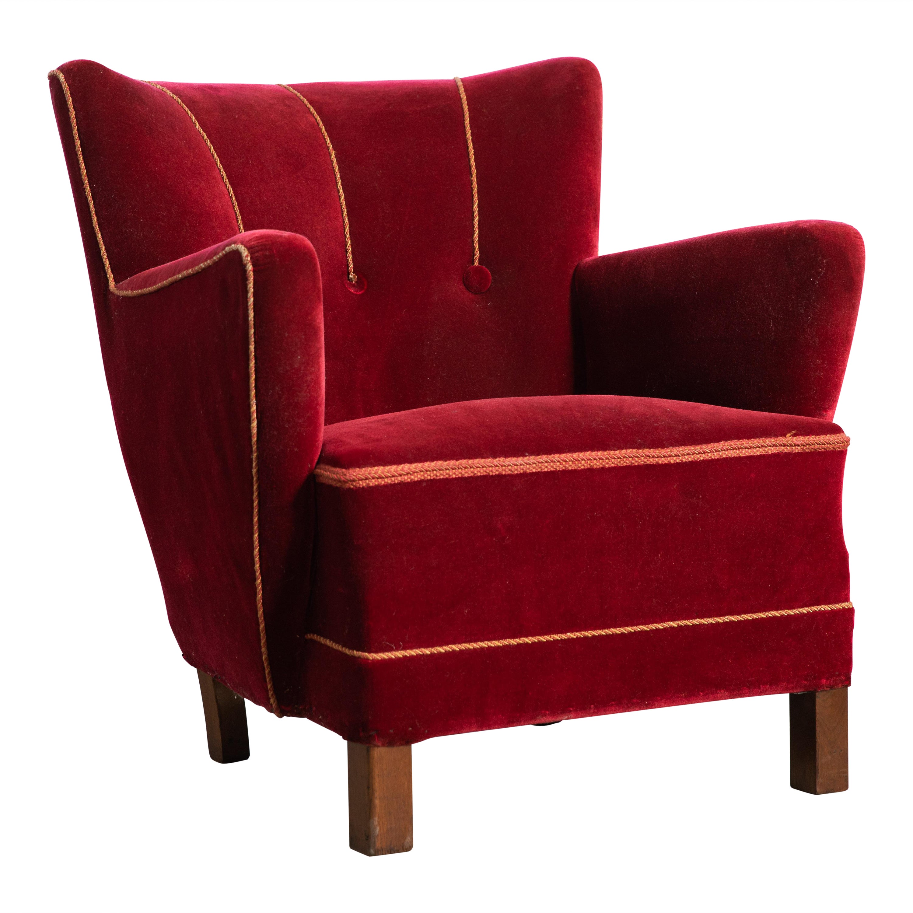 Danish Midcentury 1940s Low Lounge Chair in Red Mohair