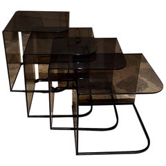 1970s Style Charles Hollis Jones Smoke Iron Lucite Nesting Tables Set of 4