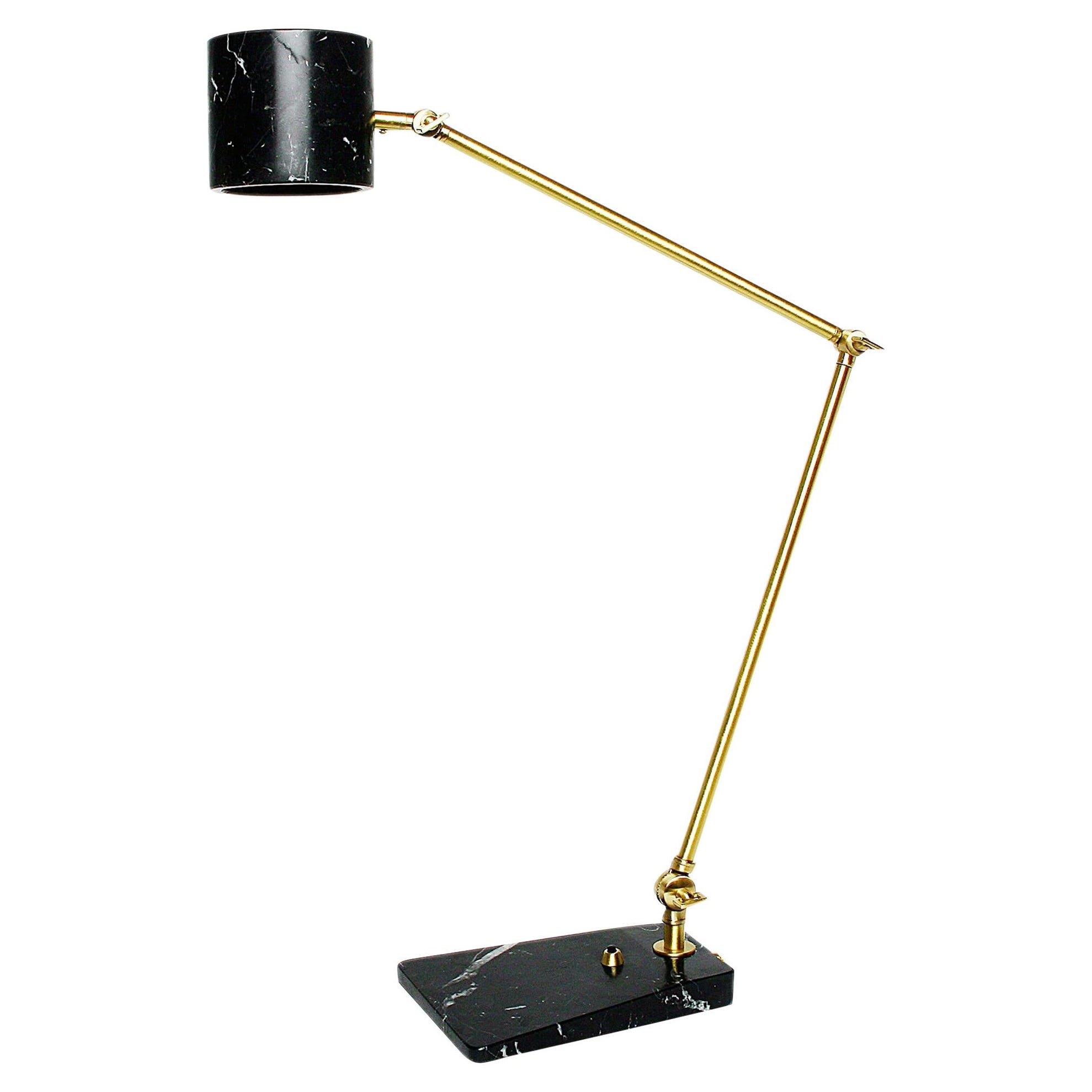 Custom Italian Mid-Century Modern Style Black Marble Brass Adjustable Table Lamp