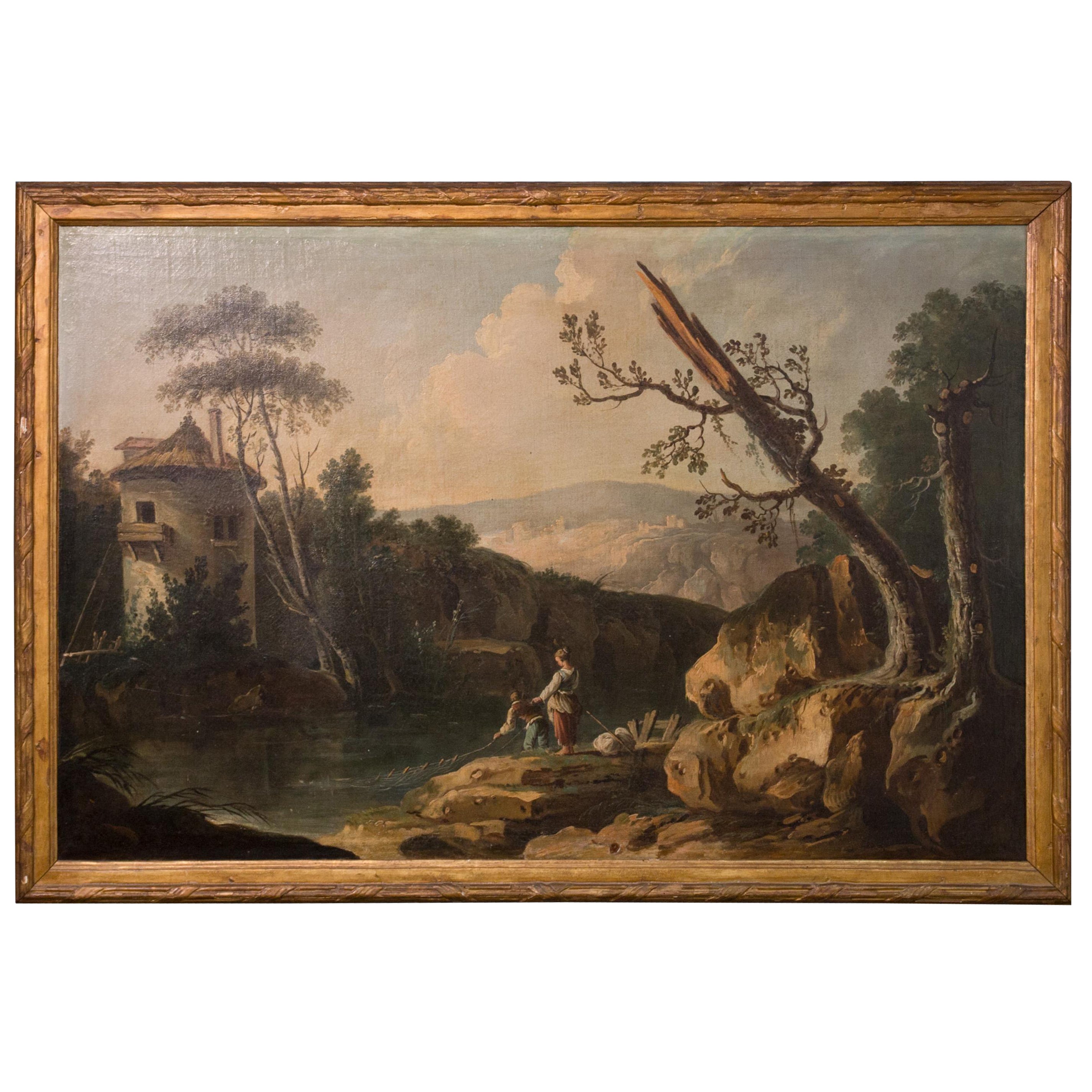 French Rocky Landscape with Fisher Painting 