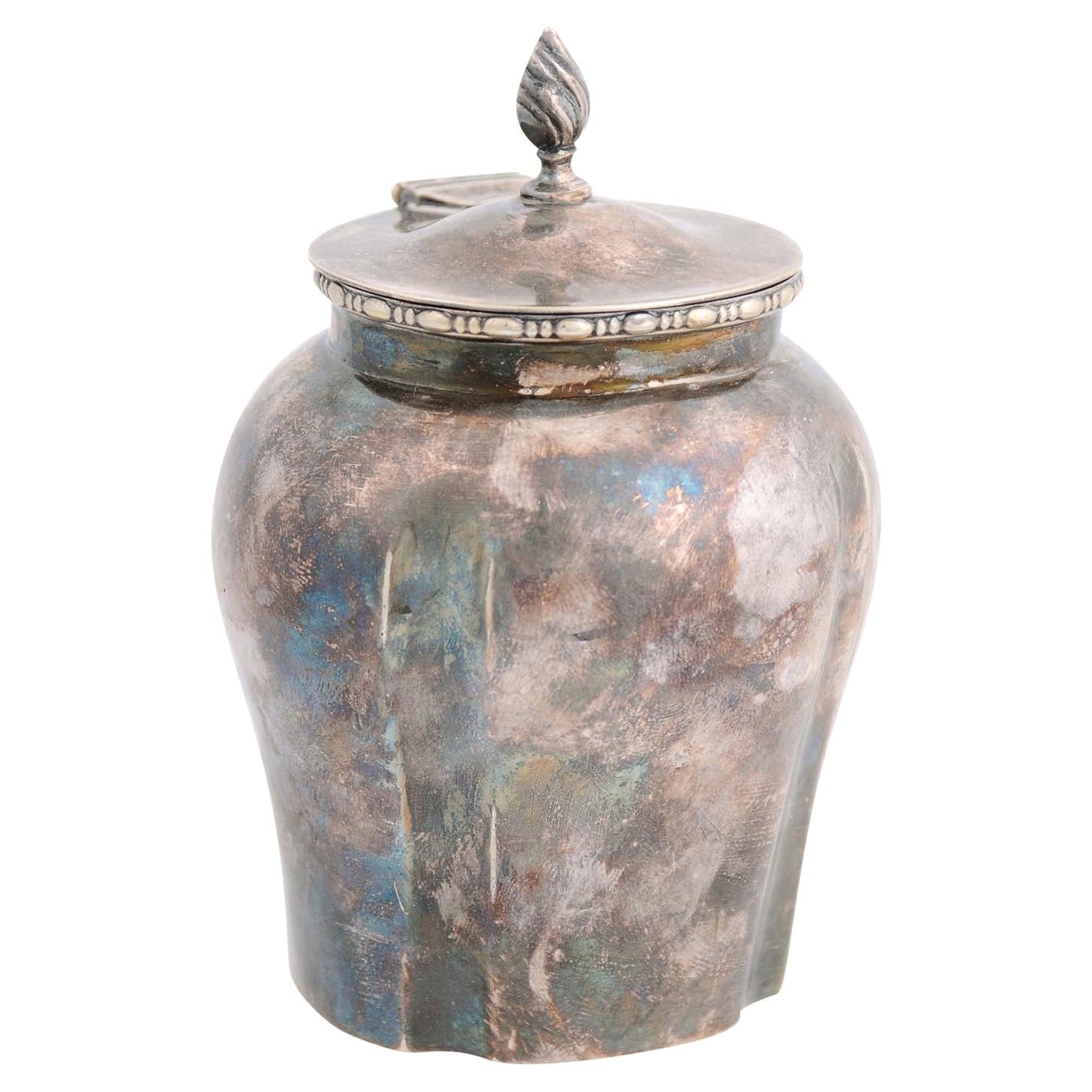 Petite English Electroplated Nickel on Silver Lidded Container with Flame Finial For Sale