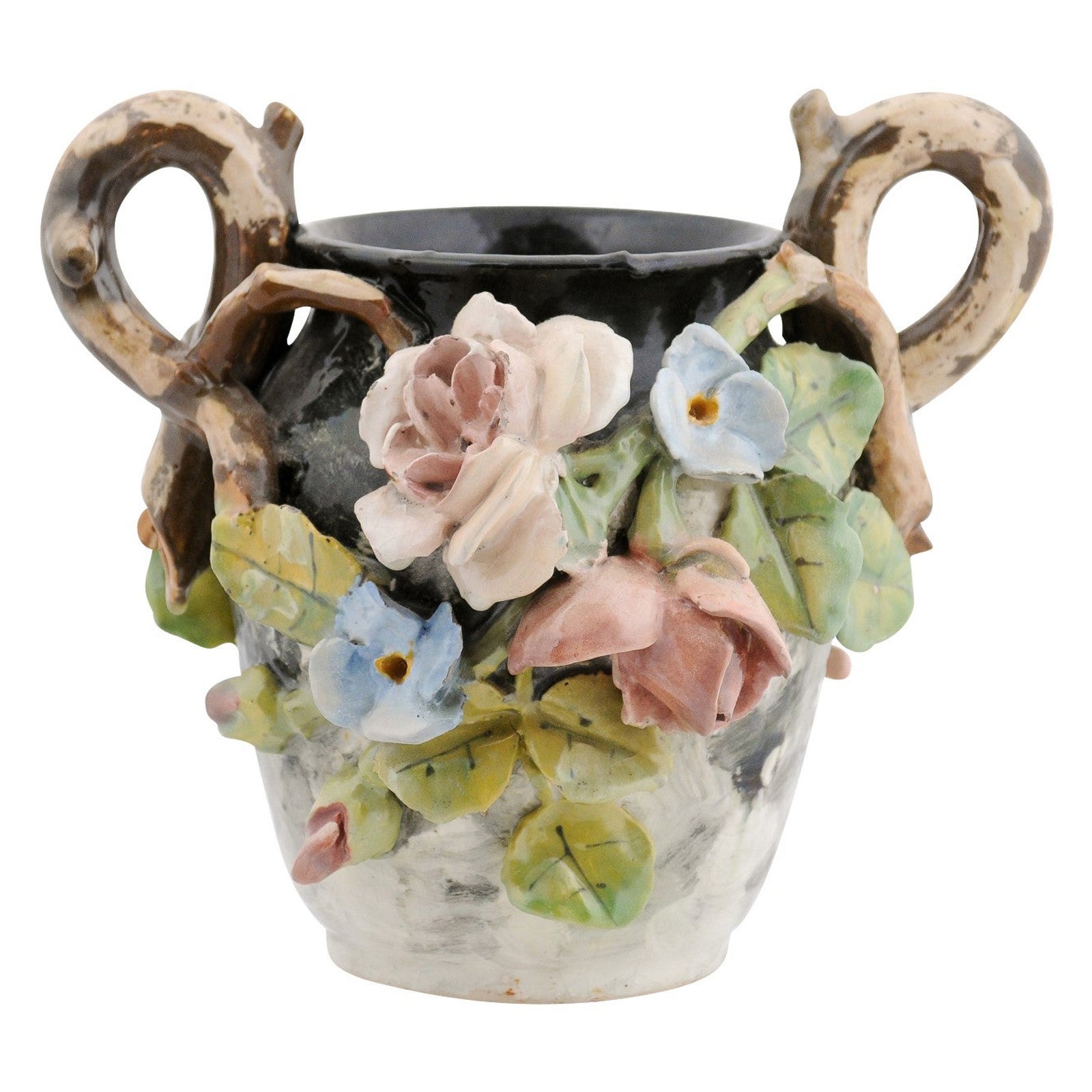 French 19th Century Barbotine Vase with High Relief Pastel Flowers and Handles