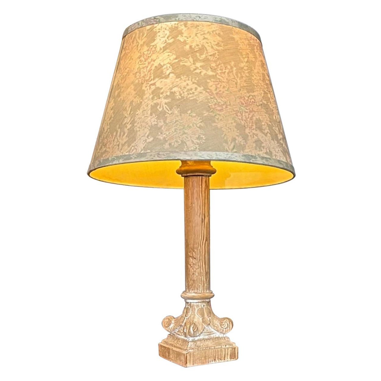 French 1930s Column Shaped Carved Wood Table Lamp and Shade