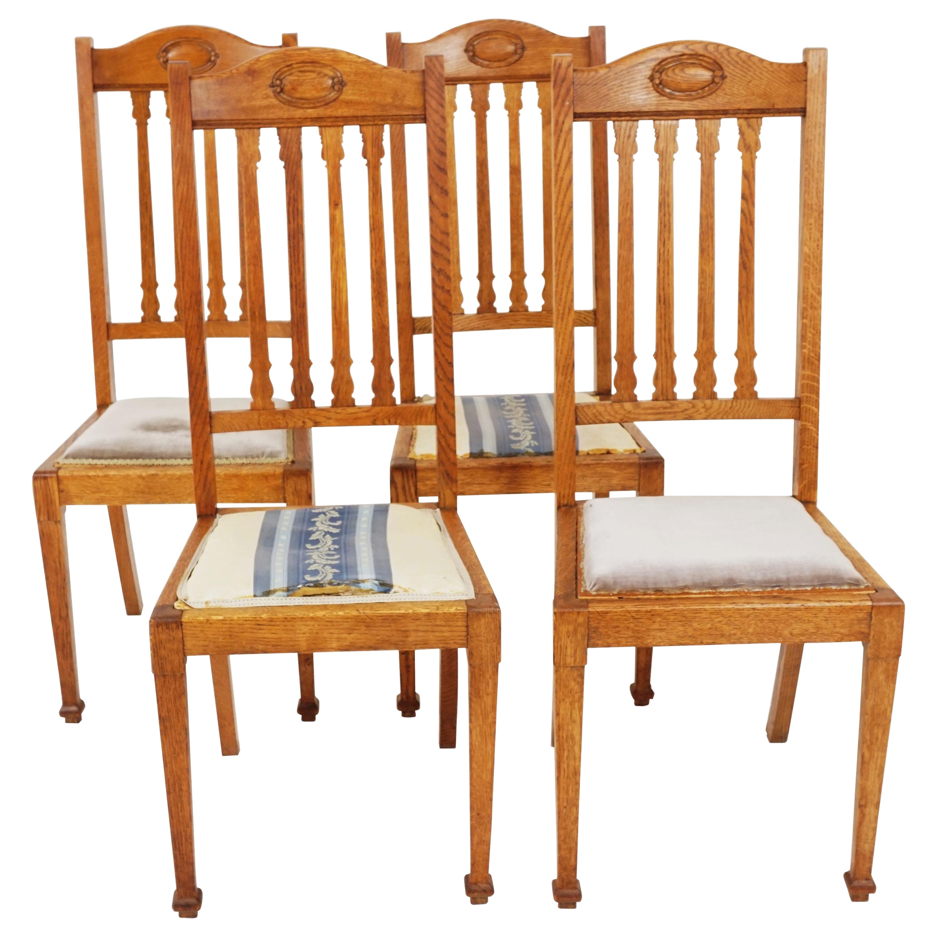 4 Antique Dining Chairs, Oak Arts & Crafts Chairs, Scotland 1910, H166 For Sale