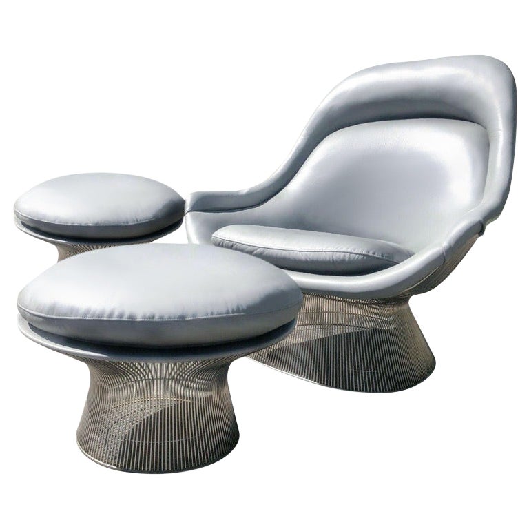 Warren Platner Grey Leather Easy Chair and Ottoman Set of Three, Knoll, 1966