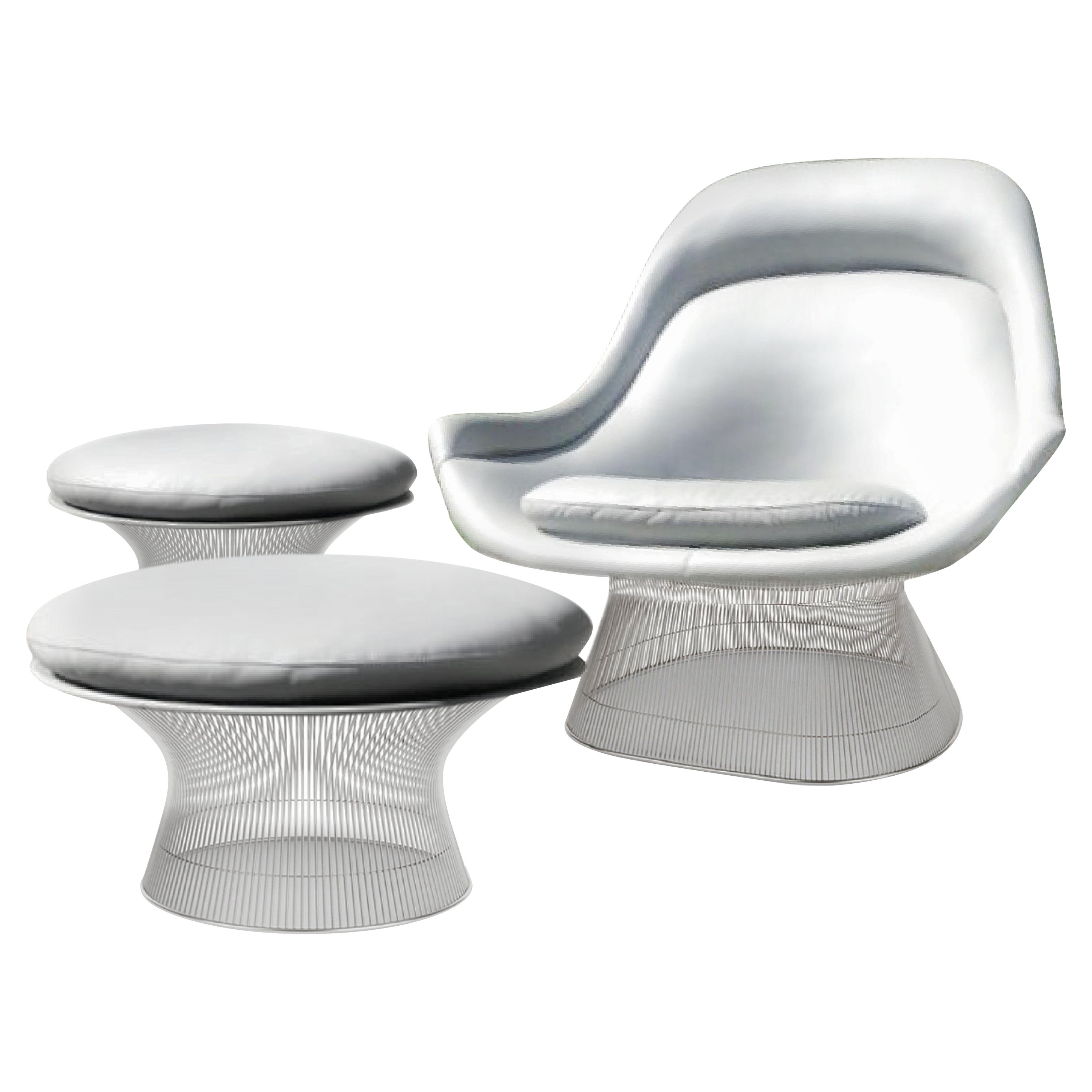 Warren Platner Grey Leather Easy Chair and Ottoman Set of Three, Knoll, 1966 For Sale