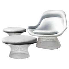 Warren Platner Grey Leather Easy Chair and Ottoman Set of Three, Knoll, 1966
