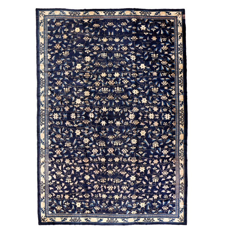 Fine Antique Blue Peking Chinese Rug with Scrolling Lotus Flowers For