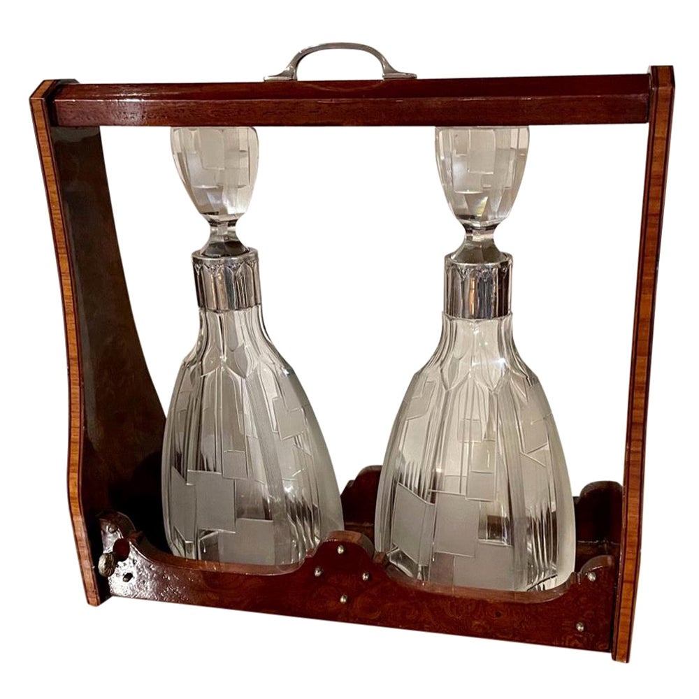 Art Deco Tantalus Set with 2 Geometric Etched Bottles For Sale