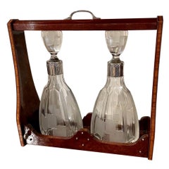 Vintage Art Deco Tantalus Set with 2 Geometric Etched Bottles