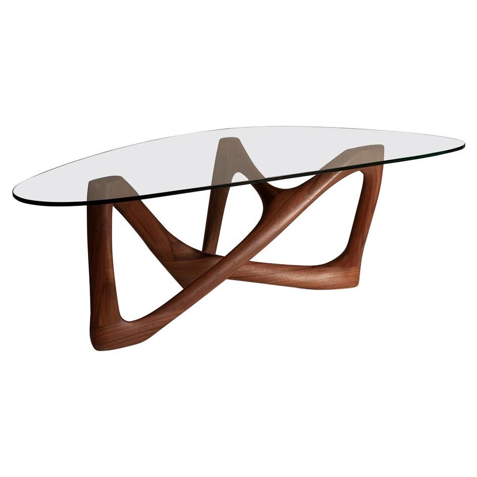 Amorph Walanty Modern Coffee Table Solid Walnut Wood with Tempered Glass For Sale