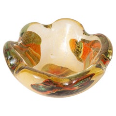 Murano Avem Gold, Red, Orange, Green Patchwork Scalloped Glass Bowl Vintage