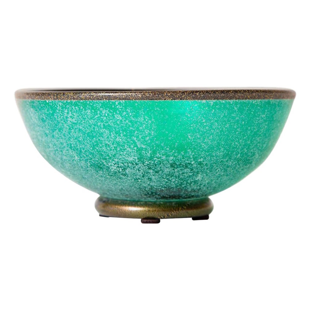 Vintage Mario Poggi Scavo Murano Teal Sea Green, Gold Aventurine Glass Bowl For Sale