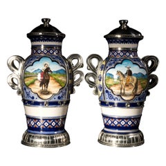 Ceramic and White Metal 'Alpaca' Jar with Hand Painted Motives pair
