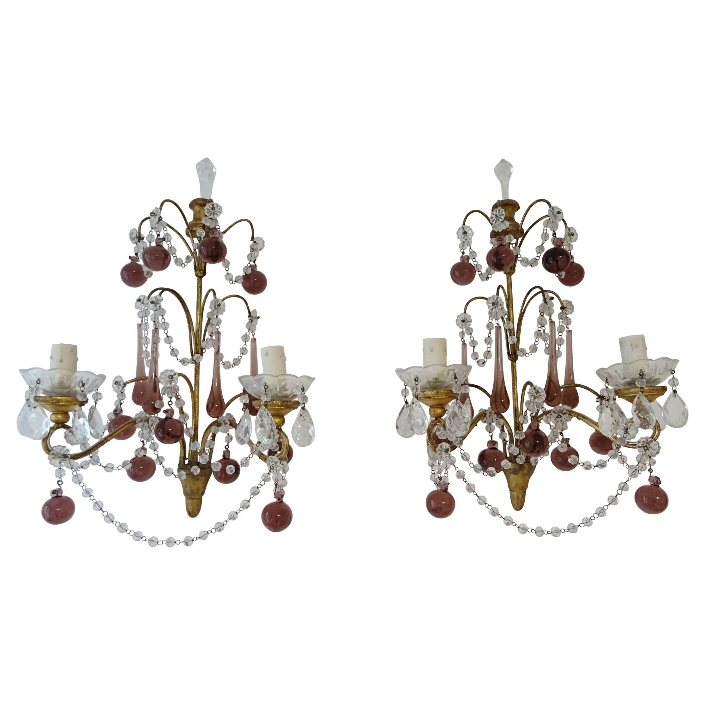 French Gilt Wood Crystal Amethyst Murano Drops 3 Tier with Spear Sconces c 1900 For Sale