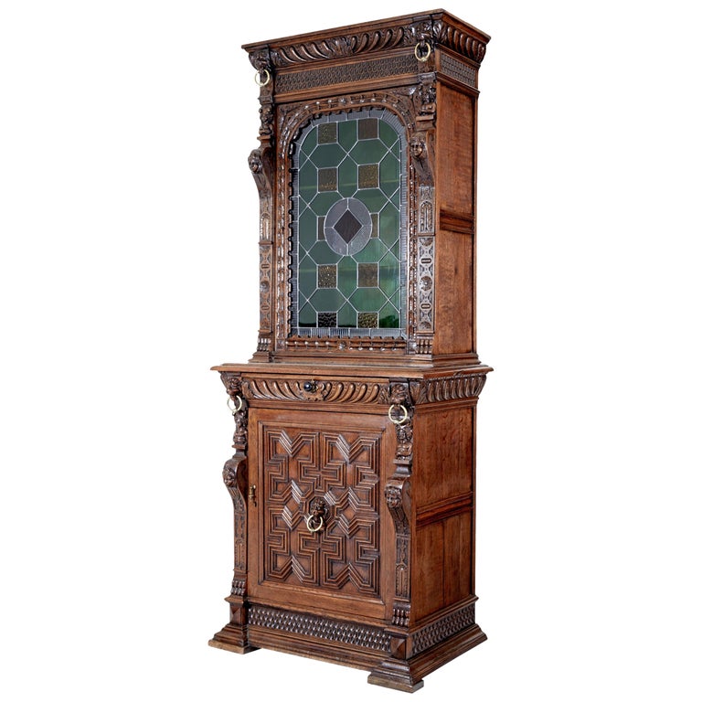 19th Century Flemish Oak and Stain Glass Cabinet For Sale