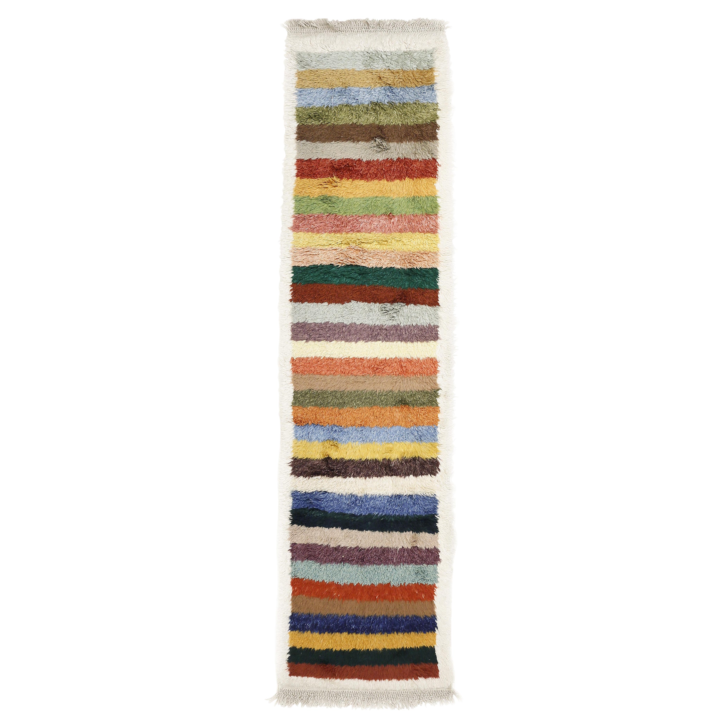 Vintage Anatolian Tulu Narrow Runner Rug with Polychrome Stripes For Sale