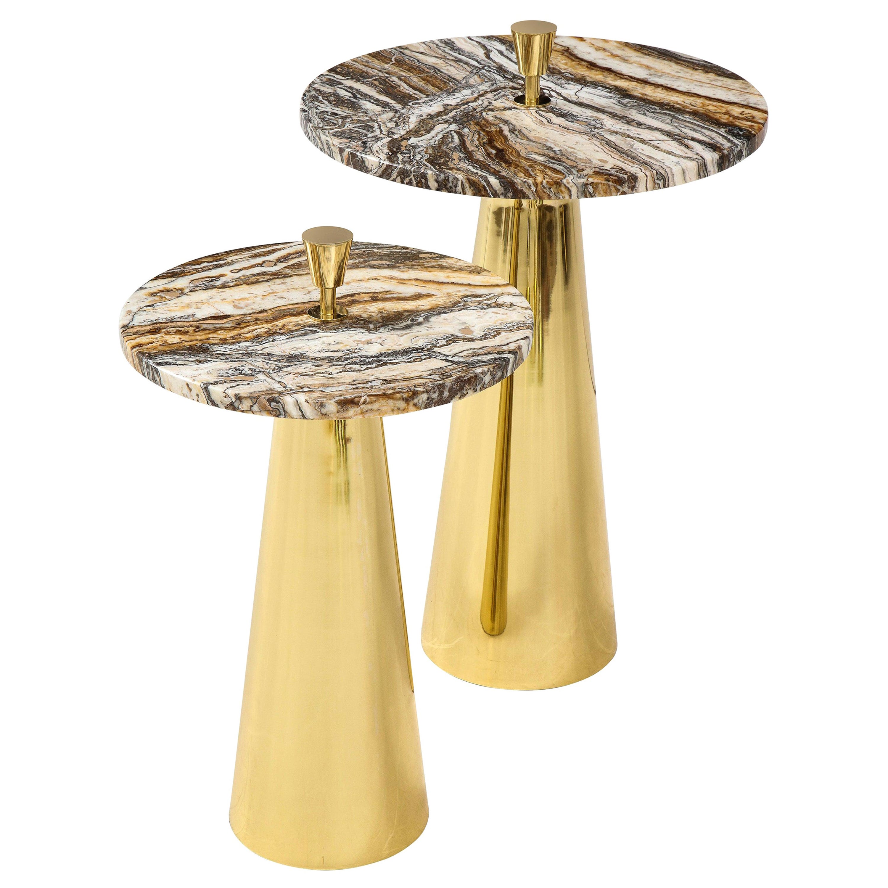 Pair of Round Fantasy Brown Onyx Marble and Brass Side or Martini Tables, Italy