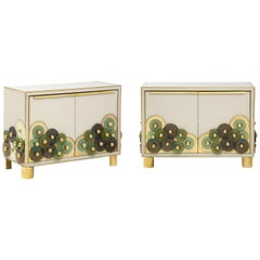 Pair of Brass and Ivory Murano Glass with Glass Discs Sideboards, Italy