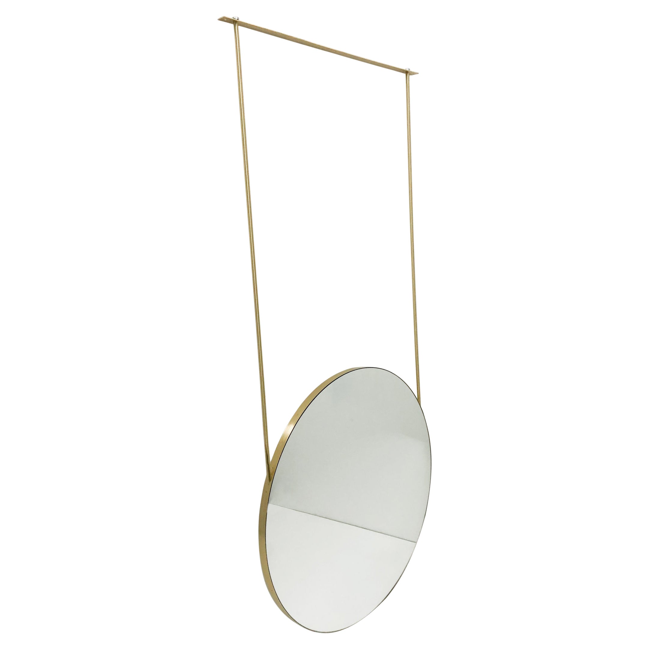 Orbis Ceiling Suspended Round Mirror with Brushed Brass Frame and Two Arms For Sale