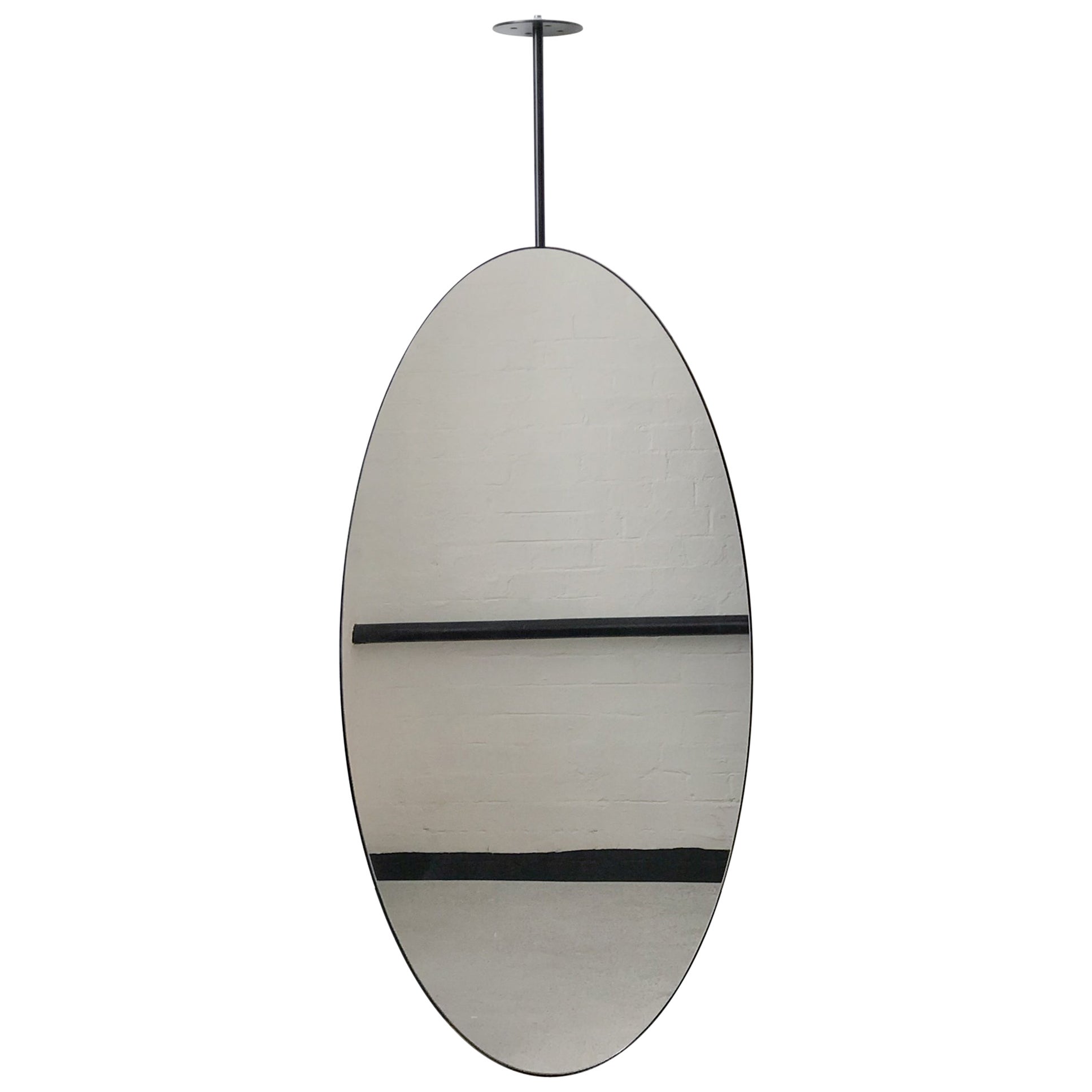 Ovalis Ceiling Suspended Oval Shaped Mirror with Matte Black Frame For Sale