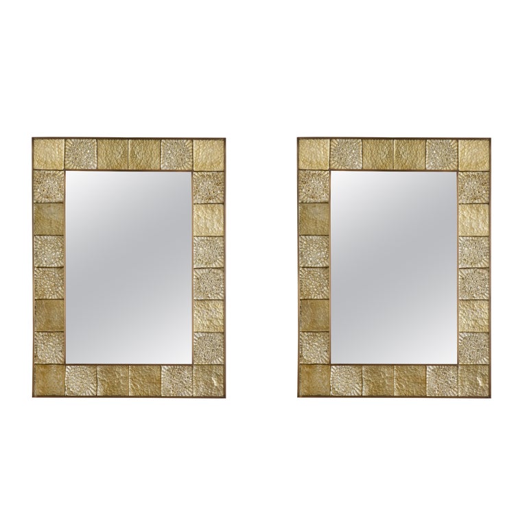 Pair of Gold Sculptural Murano Glass and Brass Rectangular Mirrors, Italy For Sale