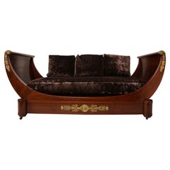 Antique French Empire Style Mahogany Daybed with Ormolu Mounts and Velvet Upholstery