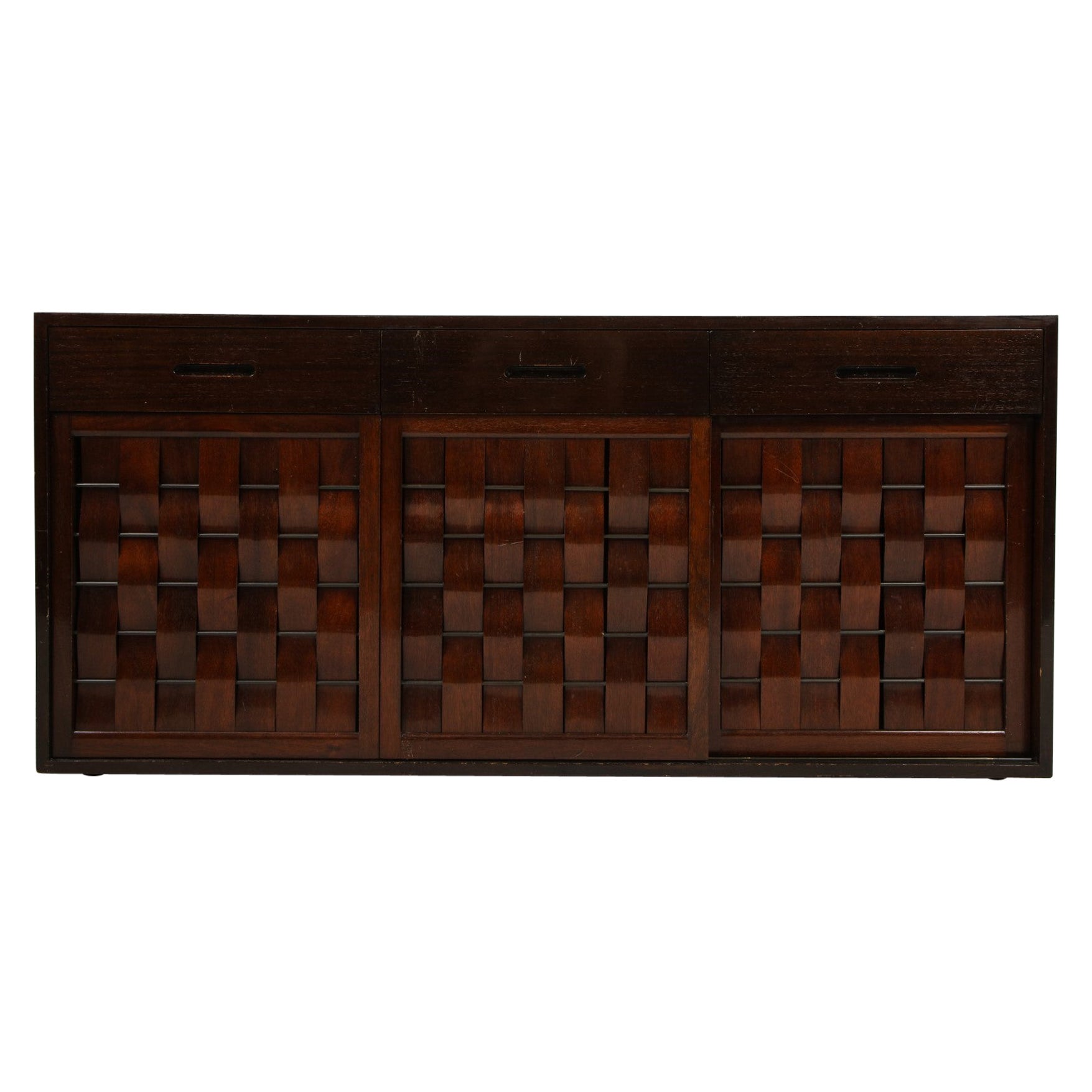 Two Signed Edward Wormley for Dunbar Ebonized Walnut Woven Front Credenzas For Sale