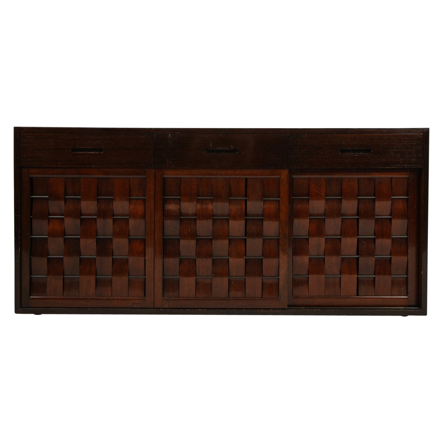 Two Signed Edward Wormley for Dunbar Ebonized Walnut Woven Front Credenzas