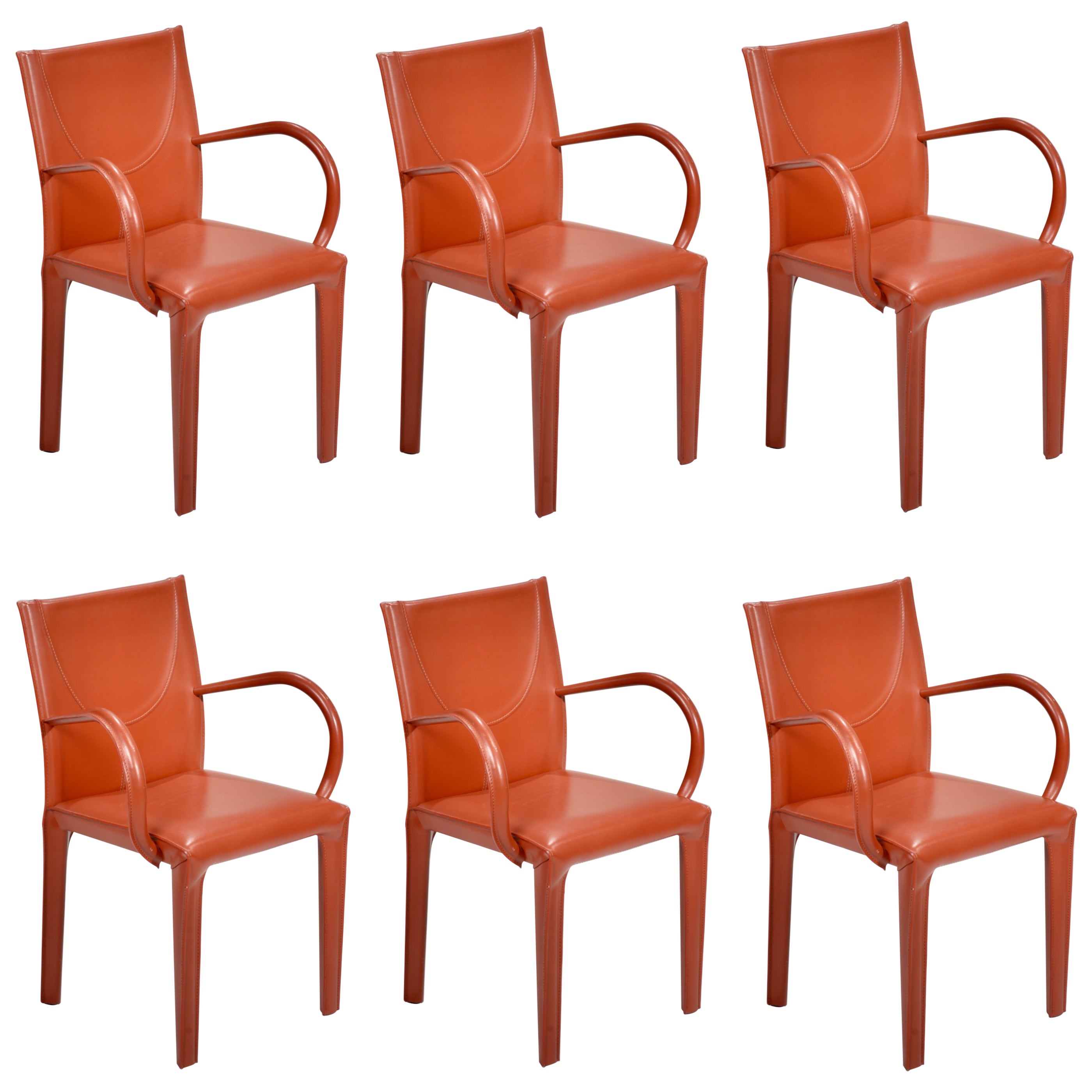 Set of 6 Italian Post Modern Leather Dining Armchairs by Arper, c1985 For Sale