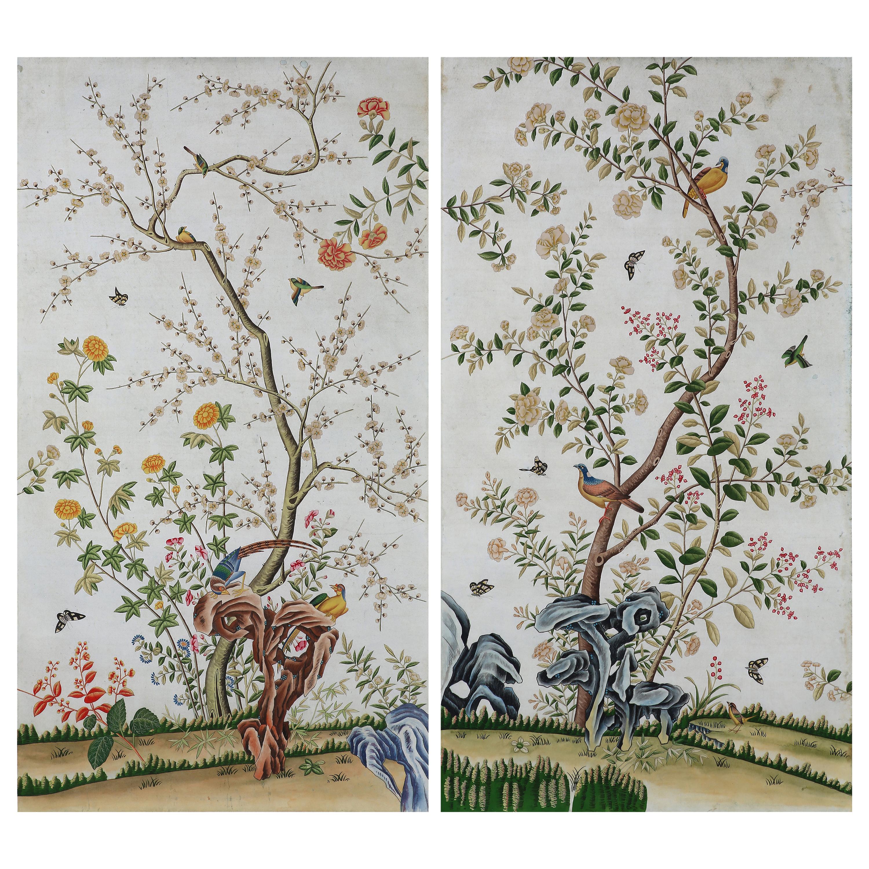 Handbemalte Wandteppiche mit Vögeln und Frühlingsblume aus der Chinoiserie im Angebot