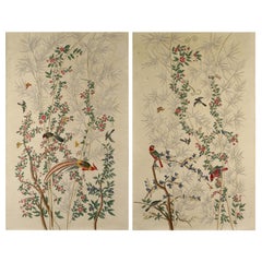 Pair of Chinoiserie Hand-Painted Paper Panels, Watercolor on Paper